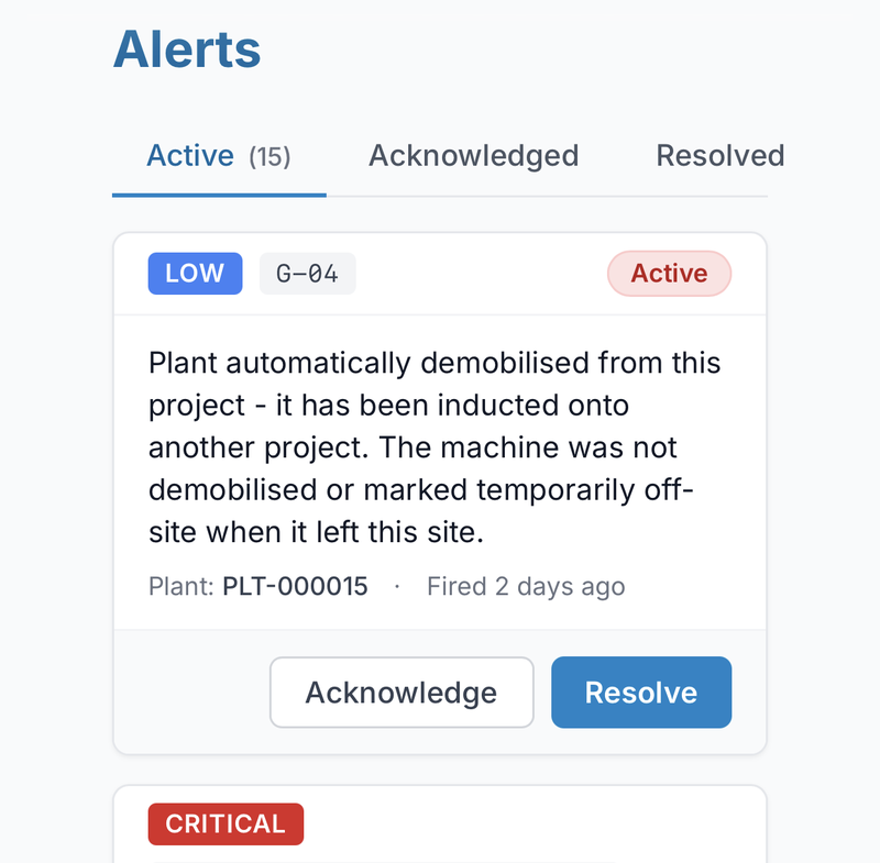 PlantComp alerts on a phone: a low severity alert about a machine by its plant number, with a critical alert below.
